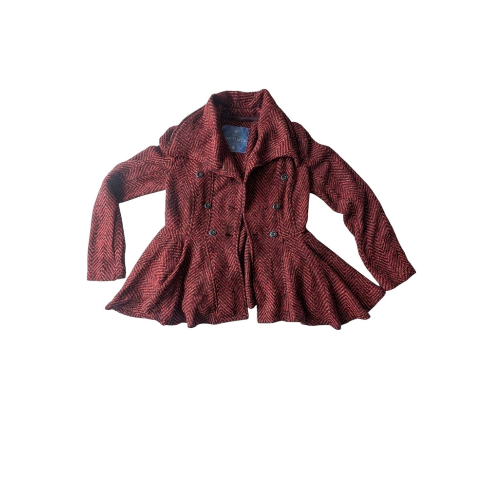 Free People Patricia Red Peplum Tweed Chevron Jacket Pea coat sz 6